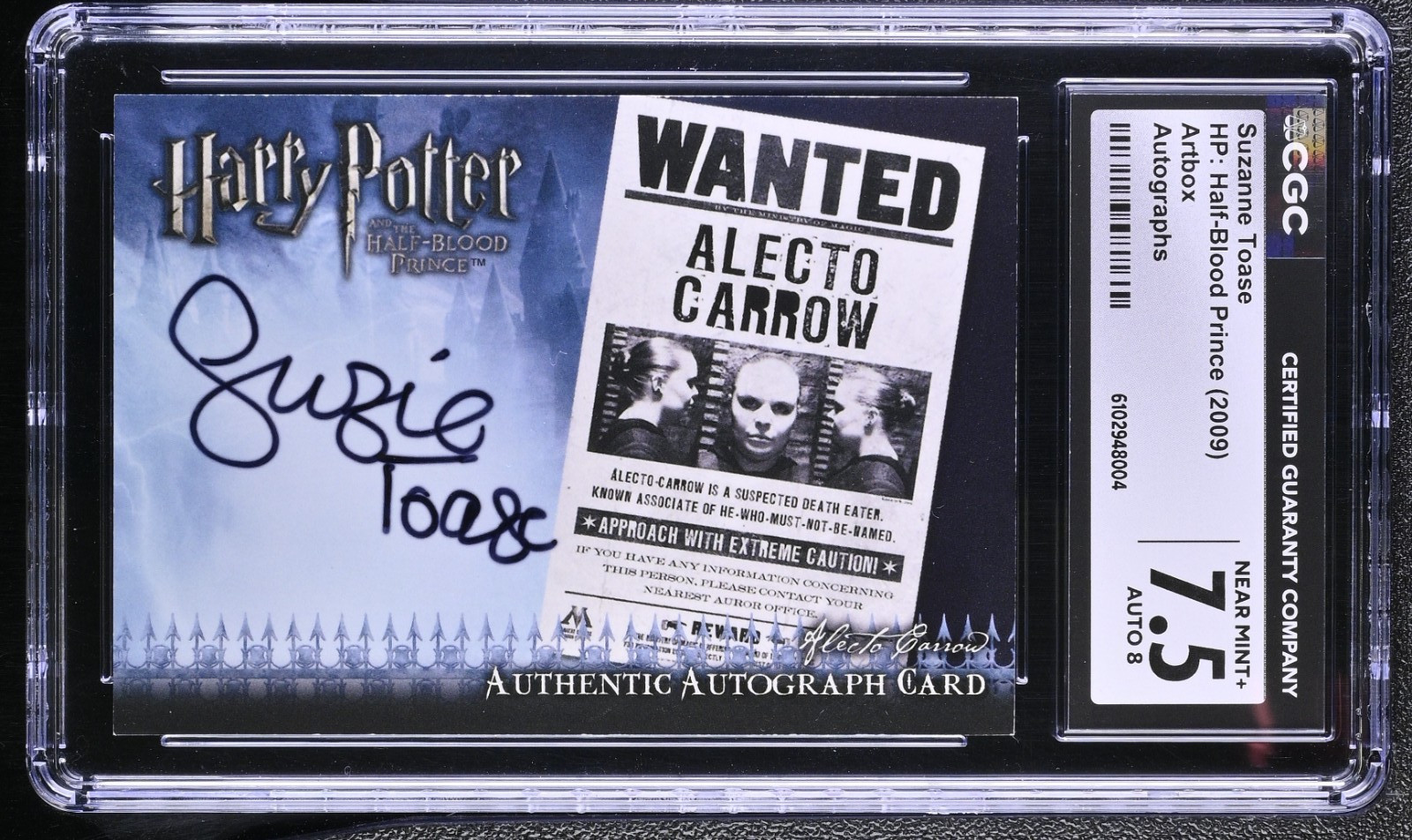 Caja de arte Harry Potter 2009 Suzanne Toase firmada automática Alecto Carrow CGC 7,5