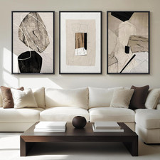 Large Framed Neutral Abstract Wall Art for Living Room, 3 Piece Modern Canvas Pr
