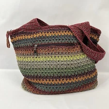 The Sak Crochet Shoulder Bag Double Strap Tote Striped Multi Color Boho Purse