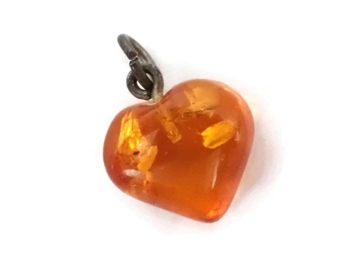 Vintage Baltic Amber Carved Heart Pendant or Charm Estate Costume Jewelry