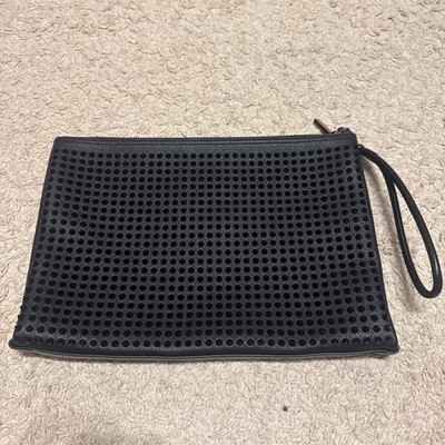 Christian Louboutin Authentic Studs Clutch Bag Black Red Wristlet Strap Mesh