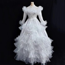 White Ruffles Flower Beading Pearls Long Sleeve Ball Gown Antique Wedding Dress