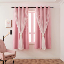 Pink Curtains for Girls Bedroom Kids Baby Room Decor Cute Double Layer Star Cuto