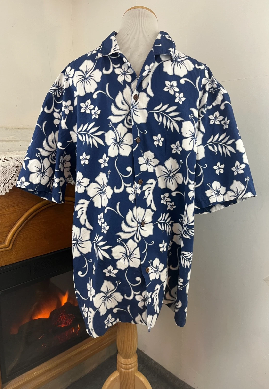 Aloha Republic Made In Hawaii 100% Cotton Blue Hibiscus Shirt ~ XL