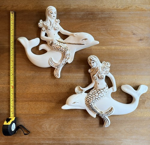 Lefton ~ Vintage Set of 2 Mermaids Riding Dolphins w/gold Excellent Condition