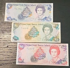 3 NOTE LOT- Cayman Islands1, 5 & 10 Dollars 2005, VF/XF Pref. C/I, P-26,27, 28a