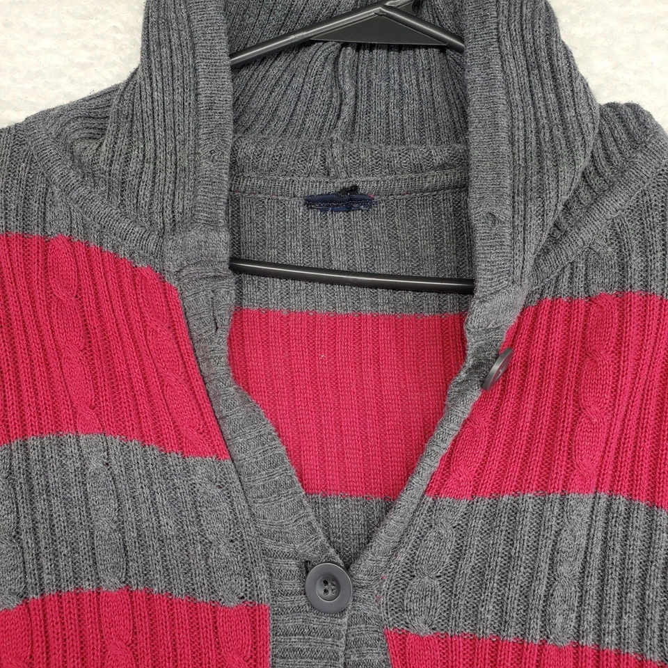Womens Cardigan Sweater Hoodie Large Gray Red Striped Y2K Ribbed Knit Preppy - Image 3 of 4