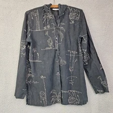 Chicos Design Top Size 1 US Medium Black Linen Hooded Artsy Distressed