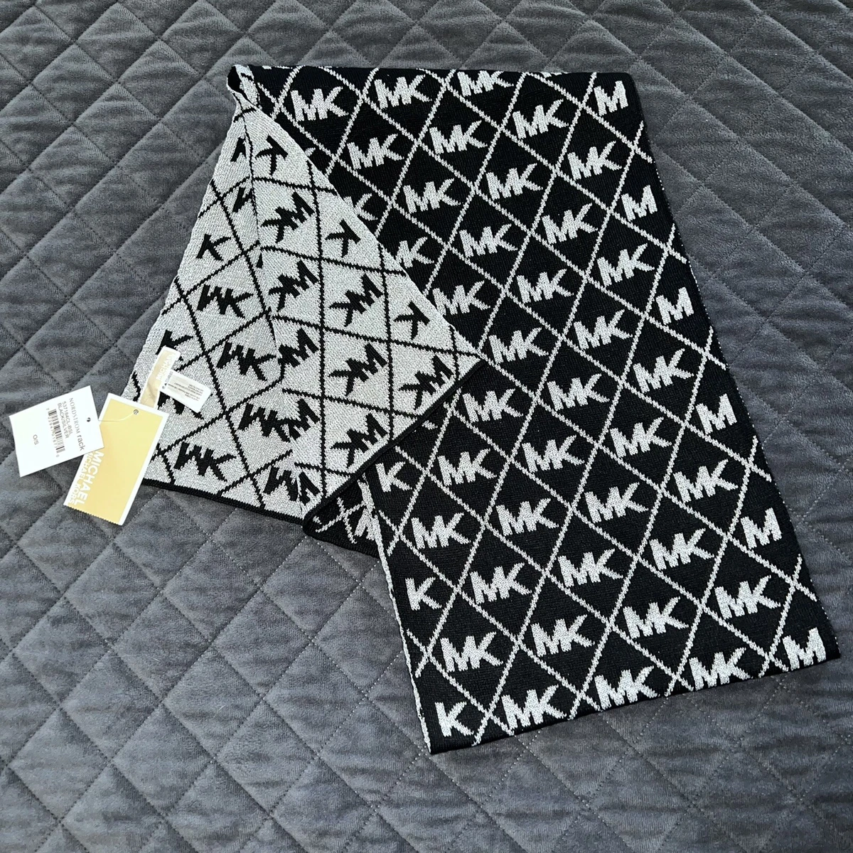 Michael Kors MK Women Metallic Silver Black Scarf Gray Monogram Logo