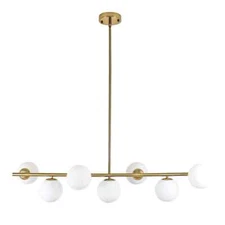 7-Light Gold Linear Chandelier w/ White Glass Shades for Kitchen/Dining Room