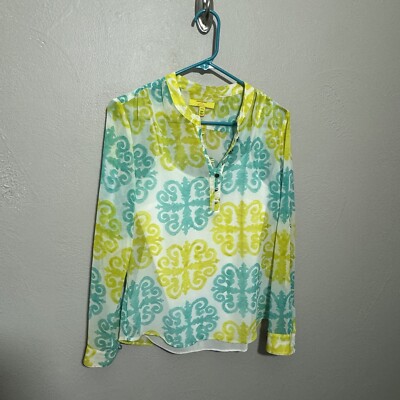 Banana Republic Milly Medallion Popover Shirt Top Blouse Tab Sleeve Sz 2P Blue