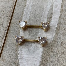 Pair Gold Plated Heart Gem Nipple Rings Barbells Piercings New 14 gauge