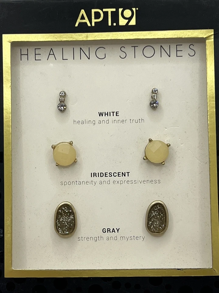 APT. 9 Pendientes perforados piedras curativas trío diamantes de imitación transparentes nuevos en caja, amarillo, gris Foto 2 de 4