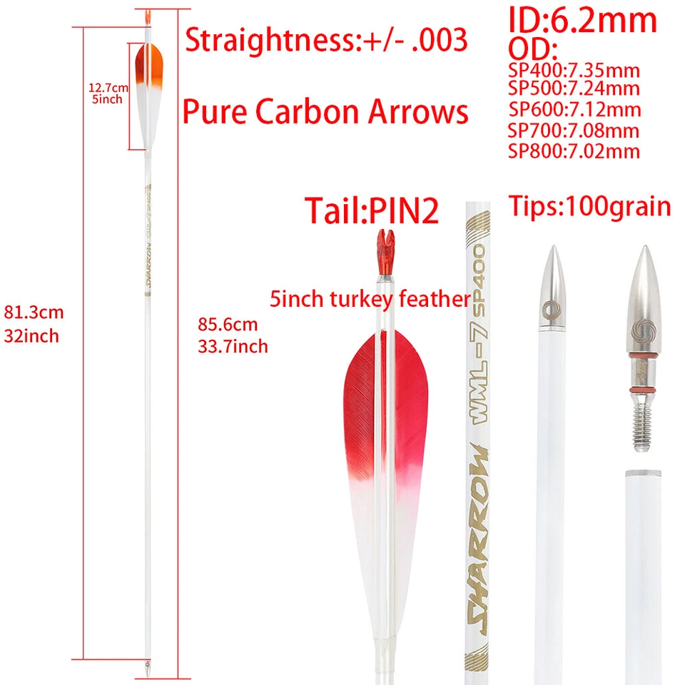 32" Pure Carbon Arrow ID6.2mm SP400-800 Archery 5'' Feathers Recurve Bow Hunting - Image 2 of 4