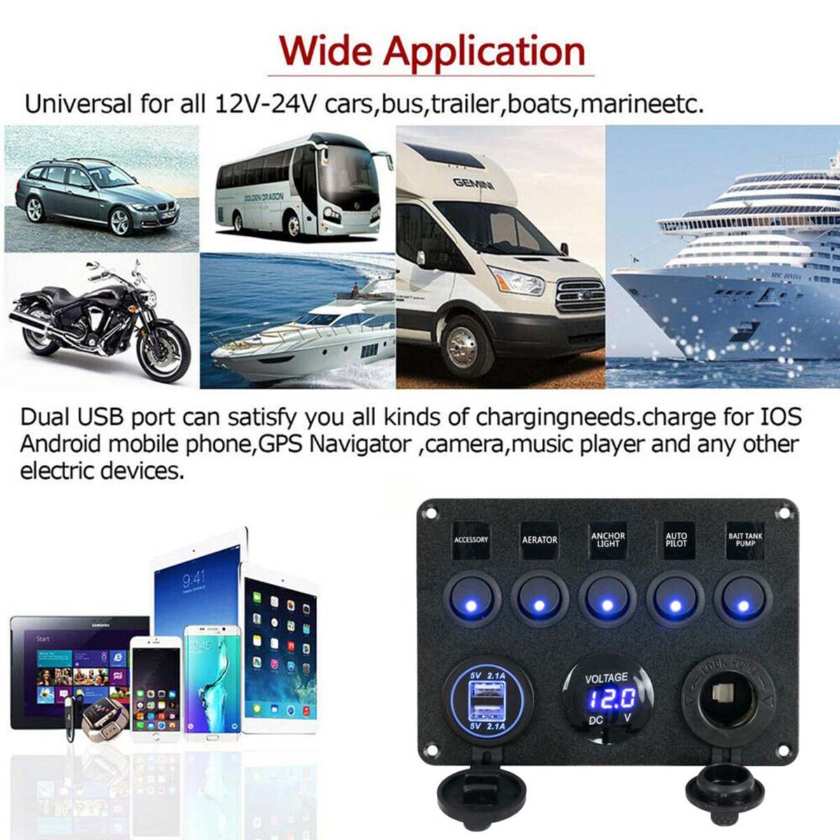 5 Gang 12V Rocker Switch Panel For Car Boat Marine LED USB Charger ON ...