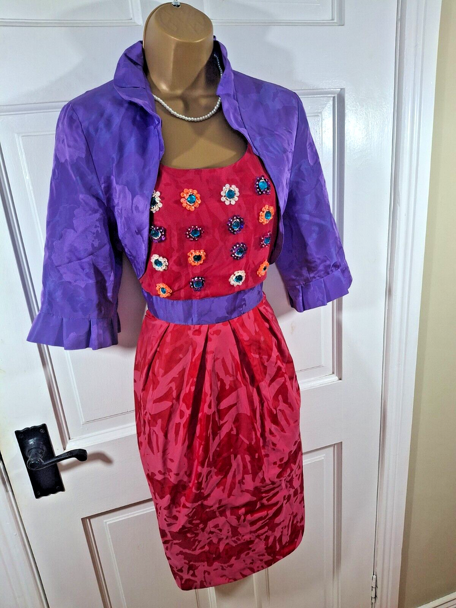 Fee G Pink & Purple Floral Beaded Dress & Jacket / Outfit, UK 12, Perfect  Cond | eBay UK