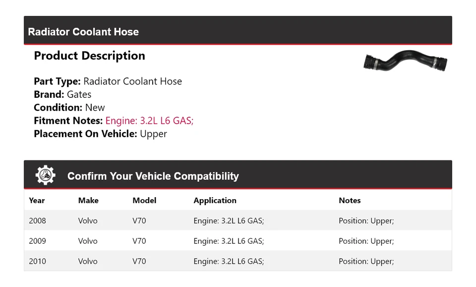 For 2008-2010 Volvo V70 3.2L L6 GAS Radiator Coolant Hose Upper Gates 2009 - Image 2 of 3