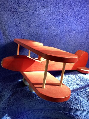 Vintage Wooden Hand Made Airplane Red 14 Inches Long 14 Inches Wide 7 Tall