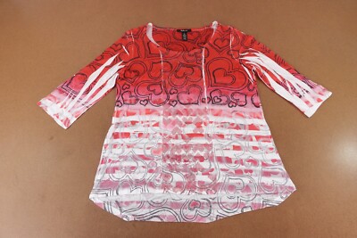 Style & Co Women's Large Red White Hearts 3/4 Sleeve Scoop Neck Pullover Top