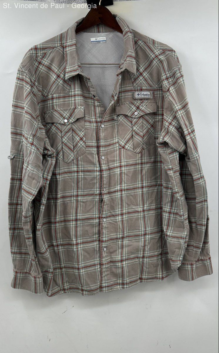 Columbia Beige Pearl Snap Long Sleeve PFG Fishing Flannel Sh