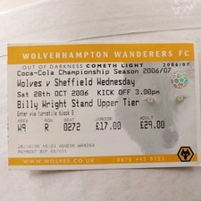 WOLVERHAMPTON WANDERERS v SHEFFIELD WEDNESDAY MATCH TICKET 2006/7