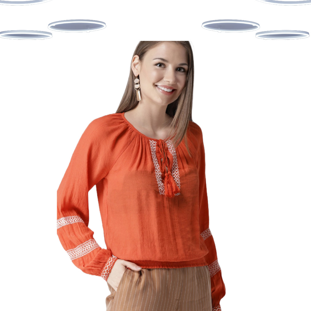 Blusa para mujer Ex Man S manga larga boho bordada arrugada - naranja