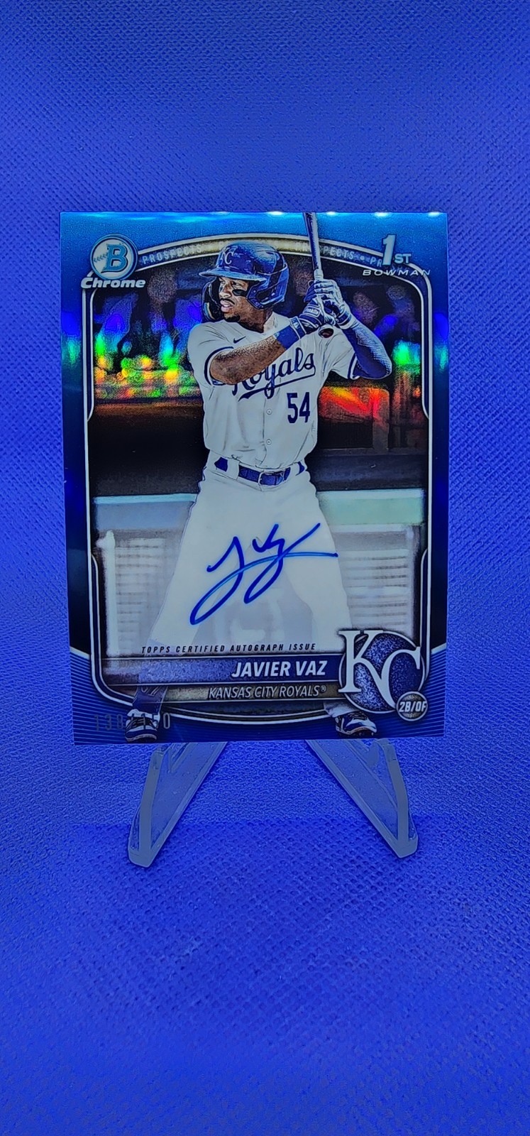 2025 Bowman Chrome 1st Auto Javier Vaz Blue Refractor # 138/150 Royals