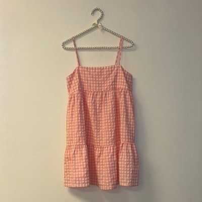 Chic Pink Gingham Mini Dress pink Sz medium ruffle tiered boho spring Easter