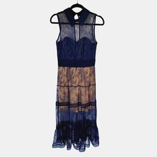Venus Lace Overlay Collared Midi Dress Sleeveless Navy Size 4 Tiered