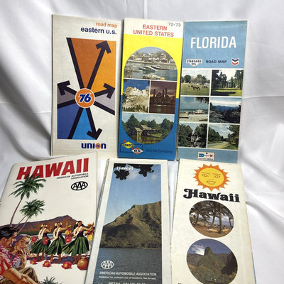 6 Vintage Travel Highway Maps Hawaii, Florida, Eastern U.S.A. - 1960s & 1970s