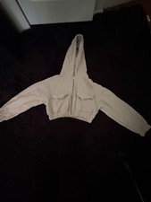 Women's White Fleece Full-Zip Hooded Hoodie, Solid, Pockets, Size M