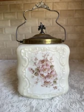 Antique CF Monroe Wave Crest “Egg Crate” Biscuit Jar, Pink Florals & Opal Glass