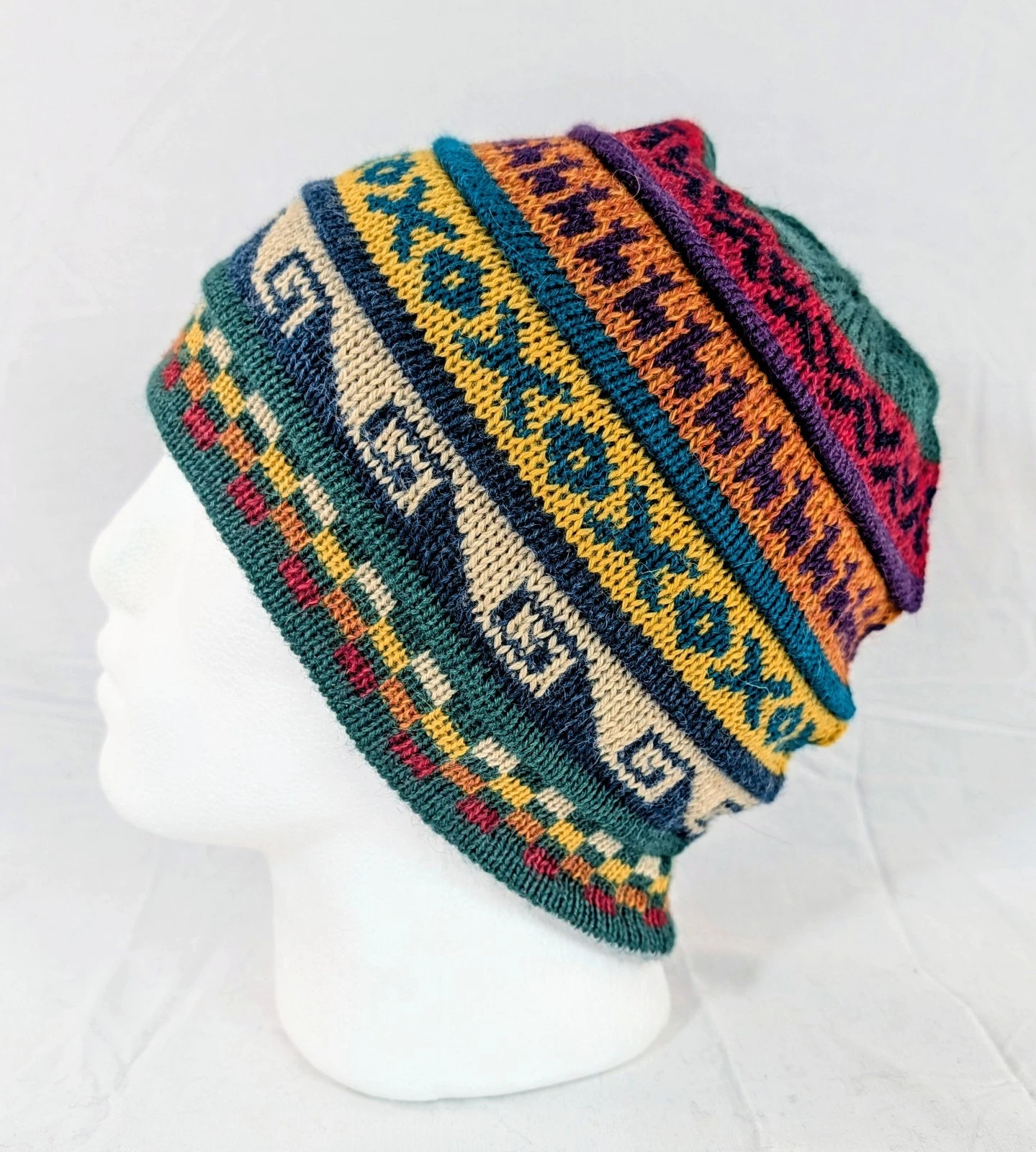 Soft Baby Alpaca Beanie Reversible Green Gray Unisex Colorful Boho Llama Peru
