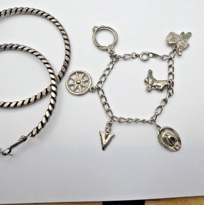 Vintage Silver Tone Charm Bracelet with Rope Hoop Earrings Western Theme Lot