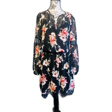 White House Black Market Women Black Floral Chiffon Dress Work Blouson Lace 4 