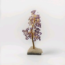 Escultura de árbol de piedras preciosas de cristal amatista alambre bonsai sobre base de piedra de cuarzo 10 pulgadas