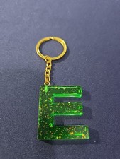 Initial New Block Letter E Resin Green W Sparkle Key Chain