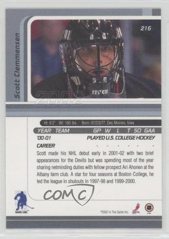 2001-02 ITG Be A Player Signature Series Scott Clemmensen #216 Rookie RC - Image 2 of 2