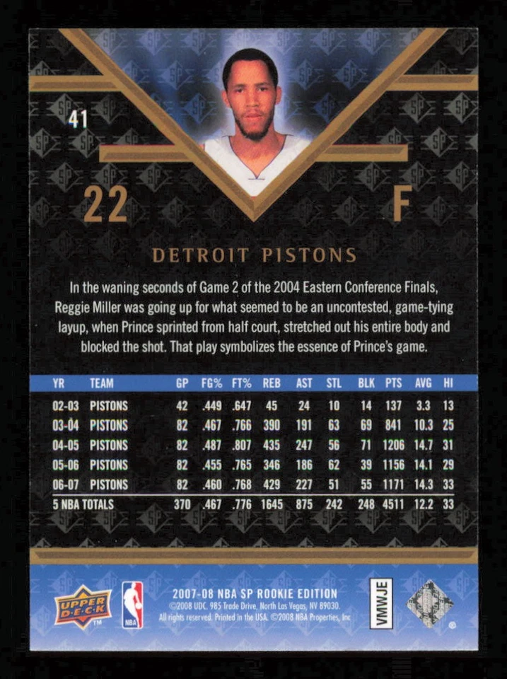 2007-08 SP Rookie Edition #41 Tayshaun Prince Basketball PISTONS NM-MT - Image 2 of 3