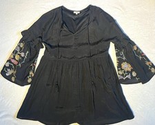 Mini Vestido Negro Manga Larga Floral Bordado Manga Campana Talla M Boho Festival