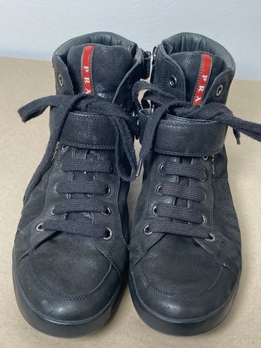 Prada Sport High Tops black Trainers Leather Suede Zip Strap Dust bag size 8.5 - Picture 11 of 24