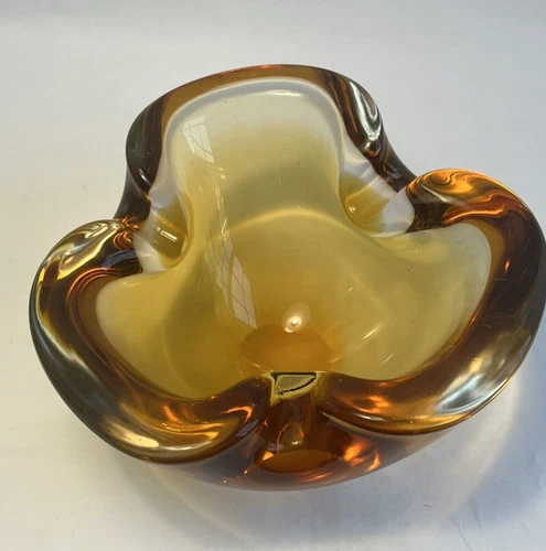 Amber Art Glass Bowl Trinket Dish Ashtray Hand Blown 6” Murano MCM Retro