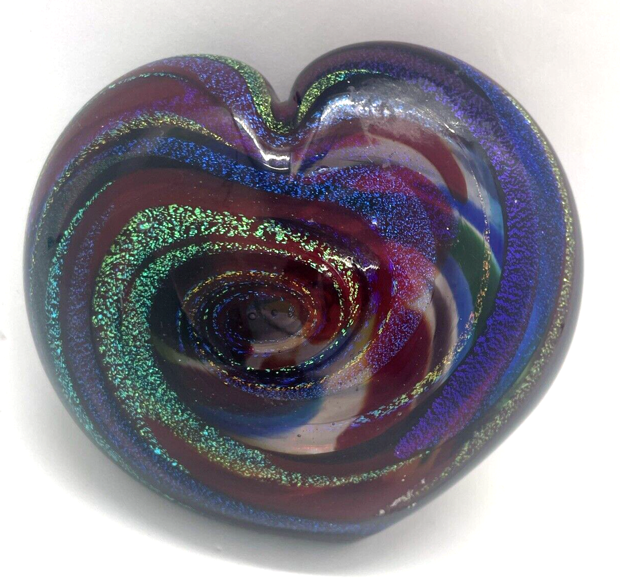 Dichroic Swirl Art Glass Heart Paperweight by Mad Art Studios Signed