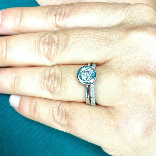 14k White Gold Round Cut Diamond Engagement Ring Bezel Ring And Band 1.10ctw - 第 5/12 張圖片