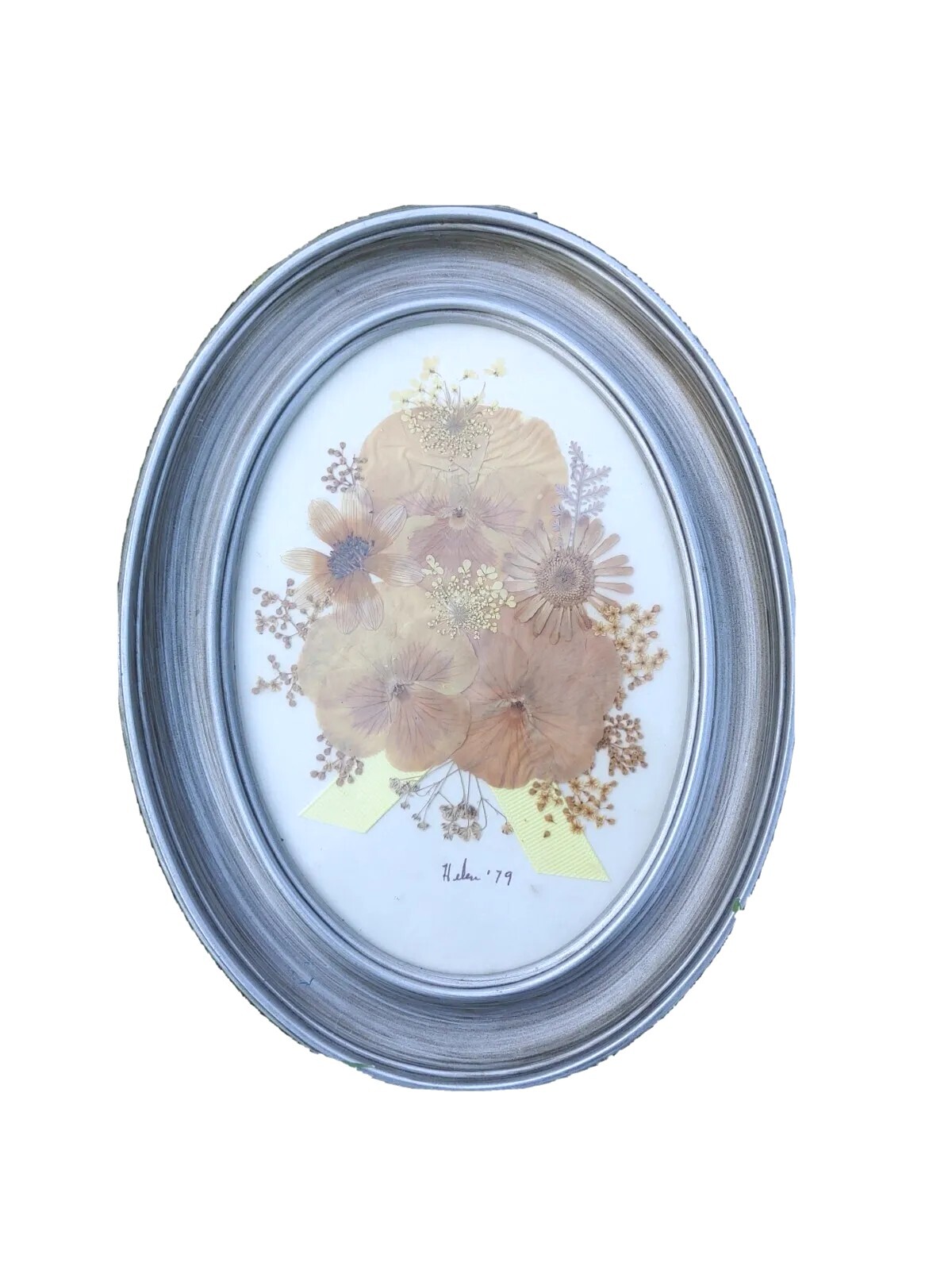 Vintage Small Pressed Dried Dry Flower Art On White Oval Frame Pansy Daisy MCM