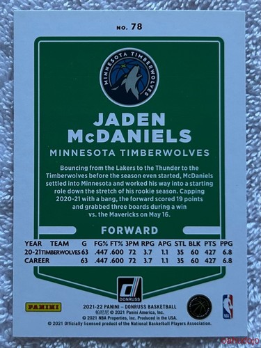 Donruss JADEN McDANIELS #78 2021-22 láser verde Minnesota Timberwolves - Imagen 2 de 2