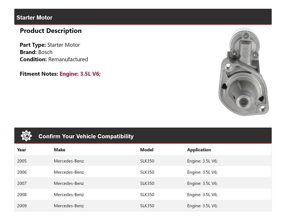 适用于 2005 - 2009 梅赛德斯 SLK350 3.5L V6 博世入门(重新制造)2006 2007 — 第 2/4 张图片