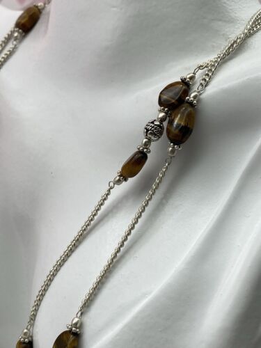 Vintage Silver 925 Necklace Pendant Tiger's Eye Station 93 cm No Closure 22.51g - Picture 9 of 10
