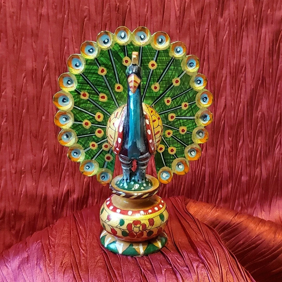 Pavo real bailarín tallado a mano, ídolo de madera pintado decoración del hogar pieza de exhibición regalo Foto 2 de 4