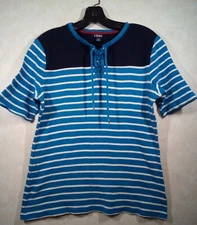 Chaps Top Women L Blue White Stripe Laced Short Sleeve